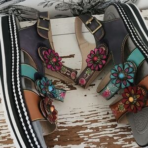 Floral Embellished Women's Leather Sandals Size 39 From L'Artiste